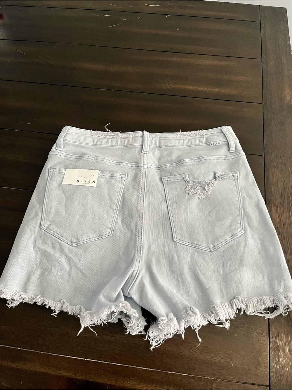 RISEN Light Blue Distressed Denim Shorts with Frayed Hem - Picture 2 of 3